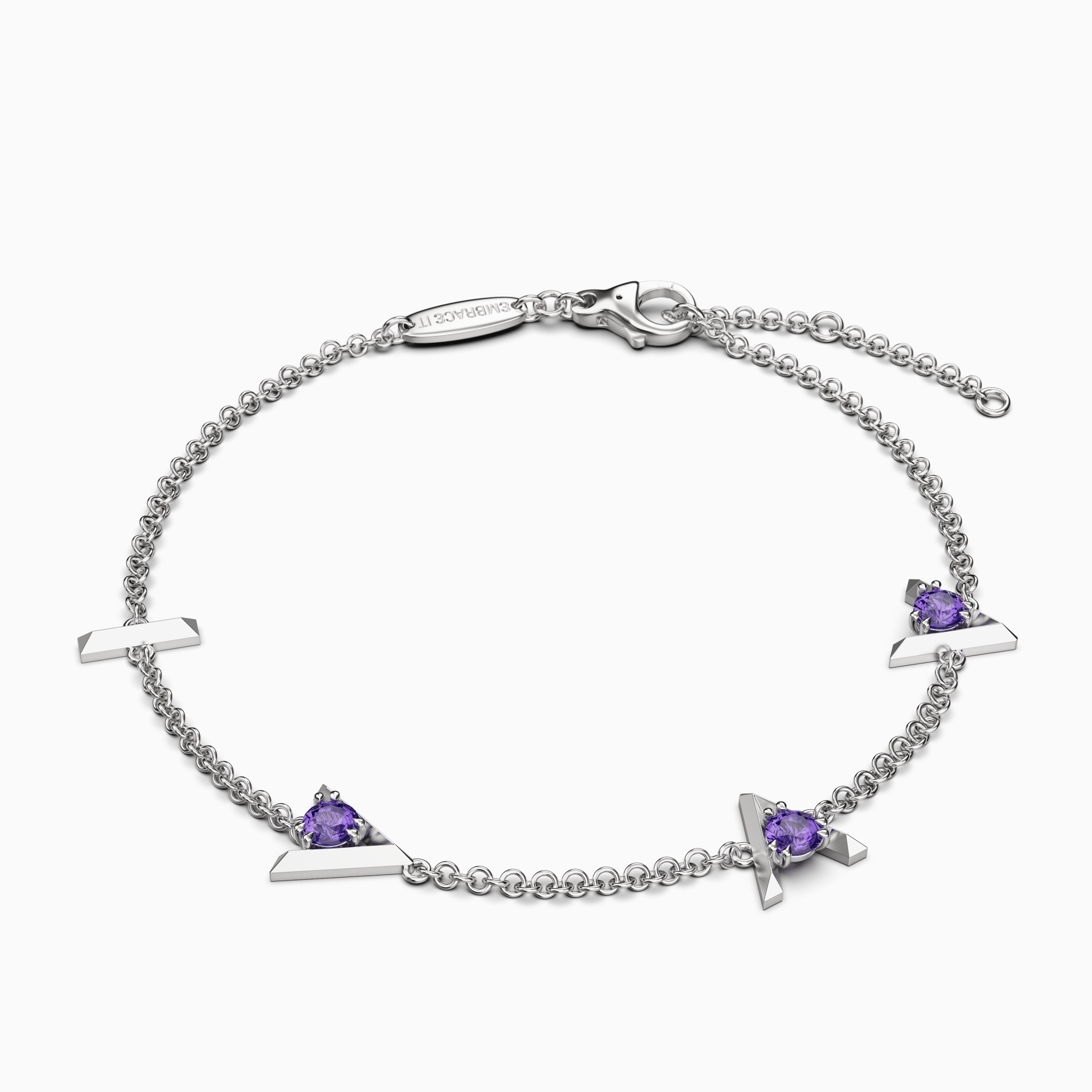 Silver bracelet with purple gemstones on a white background