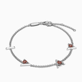 Silver bracelet with Silver Bracelet with "I am greater than my highs and lows" charms and  red gemstones on a white background