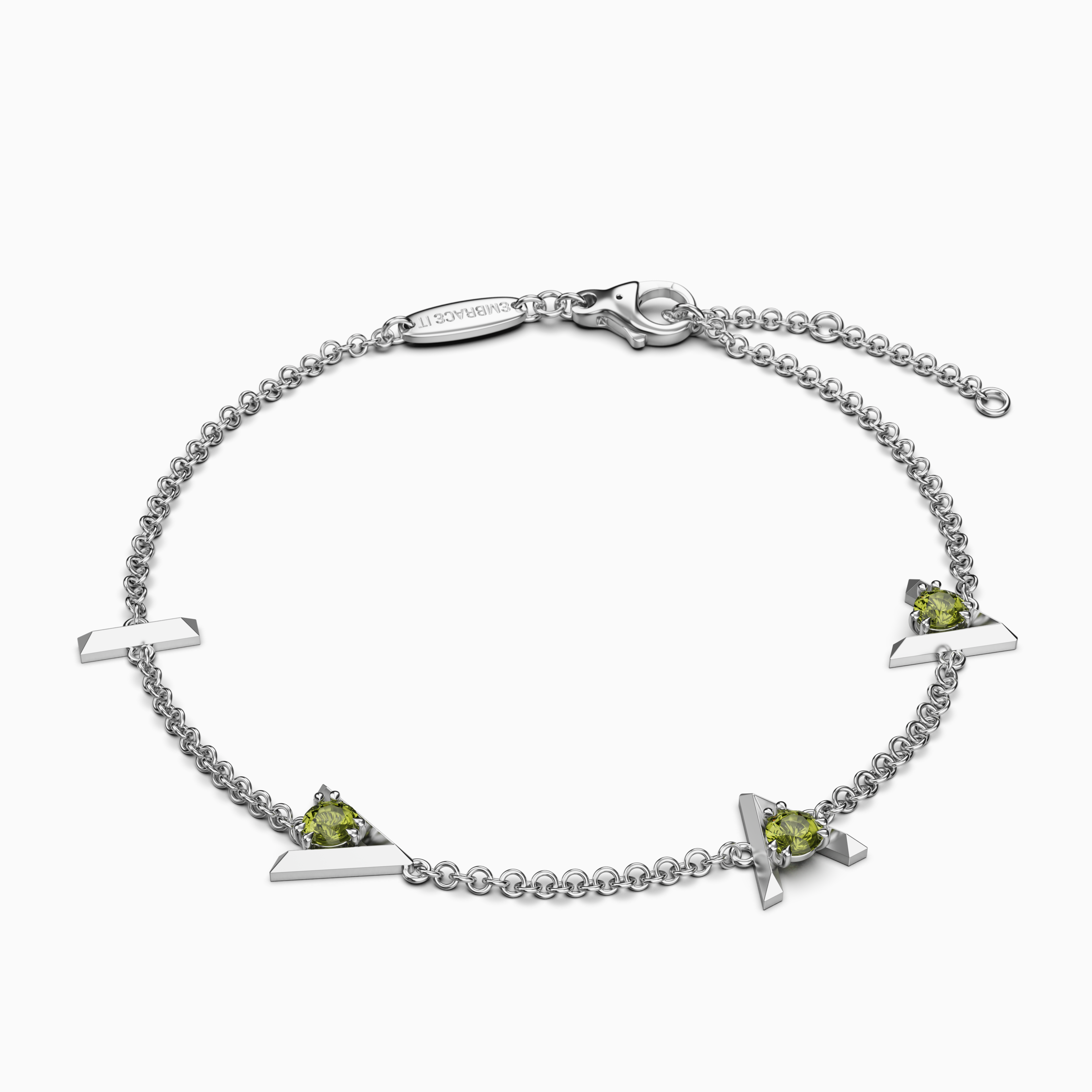 Silver bracelet with "I am greater than my highs and lows" charms and peridot (green gemstones) on a white background