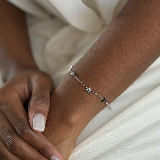 Close-up of the marea sterling silver chain bracelet with sky blue topaz, London blue topaz, and iolite gemstones